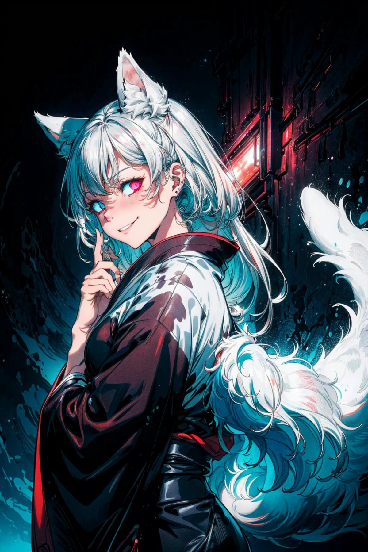 (abstract art:1.3),(psychedelic,futuristic:1.2),masterpiece, highly detailed 8k cg, best cinematic quality, volumetric lighting and shadows,perfect reflection,
(white theme:1.2), (fox theme:1.2),
(white long hair, 1 perfect girl with sexy body,perfect white fox ears,red glowing eyes, glowing body,kimono,1 perfect white fox tail,IncrsTailsFixer,smirk,canine tooth,perfect detail face,perfect detail hands,perfect detail fingers :1.43),
(only use 3 colors,white,black,garnet),
ultra high res, <lora:TailsFixer:0.6> IncrsTailsFixer,<lora:acid_fluid_lora:0.4> <lora:DarkIncursioStyle:0.4>, night, (dark environment) <lora:Gloomifier_V2_TheGlow:0.3> <lora:add_detail:1> <lora:Perfect fingers Lora:0.4>