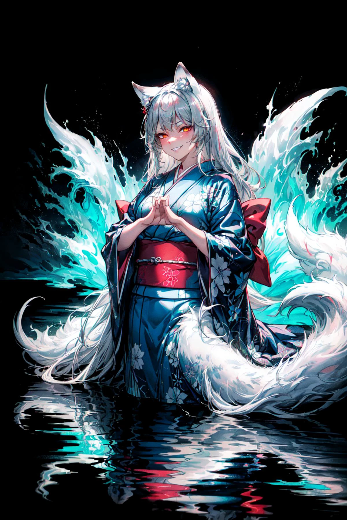 (abstract art:1.3),(psychedelic,futuristic:1.2),masterpiece, highly detailed 8k cg, best cinematic quality, volumetric lighting and shadows,perfect reflection,
(white theme:1.2), (fox theme:1.2),
(white long hair, 1 perfect girl with sexy body,perfect white fox ears,red glowing eyes, glowing body,kimono,1 perfect white fox tail,IncrsTailsFixer,smirk,canine tooth,perfect detail face,perfect detail hands,perfect detail fingers :1.43),
(only use 3 colors,white,black,garnet),
ultra high res, <lora:TailsFixer:0.6> IncrsTailsFixer,<lora:acid_fluid_lora:0.4> <lora:DarkIncursioStyle:0.4>, night, (dark environment) <lora:Gloomifier_V2_TheGlow:0.3> <lora:add_detail:1> <lora:Perfect fingers Lora:0.4>
