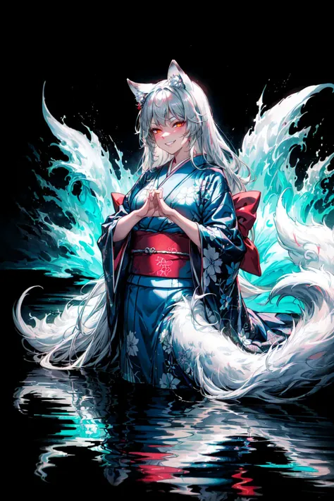 (abstract art:1.3),(psychedelic,futuristic:1.2),masterpiece, highly detailed 8k cg, best cinematic quality, volumetric lighting and shadows,perfect reflection,
(white theme:1.2), (fox theme:1.2),
(white long hair, 1 perfect girl with sexy body,perfect white fox ears,red glowing eyes, glowing body,kimono,1 perfect white fox tail,IncrsTailsFixer,smirk,canine tooth,perfect detail face,perfect detail hands,perfect detail fingers :1.43),
(only use 3 colors,white,black,garnet),
ultra high res,  <lora:TailsFixer:0.6> IncrsTailsFixer,<lora:acid_fluid_lora:0.4> <lora:DarkIncursioStyle:0.4>, night, (dark environment) <lora:Gloomifier_V2_TheGlow:0.3> <lora:add_detail:1> <lora:Perfect fingers Lora:0.4>