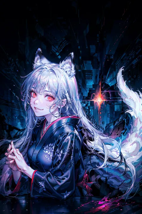 (abstract art:1.3),(psychedelic,futuristic:1.2),masterpiece, highly detailed 8k cg, best cinematic quality, volumetric lighting and shadows,perfect reflection,
(white theme:1.2), (fox theme:1.2),
(white long hair, 1 perfect girl with sexy body,perfect white fox ears,red glowing eyes, glowing body,kimono,1 perfect white fox tail,IncrsTailsFixer,smirk,canine tooth,perfect detail face,perfect detail hands,perfect detail fingers :1.43),
(only use 3 colors,white,black,garnet),
ultra high res, <lora:TailsFixer:0.6> IncrsTailsFixer,<lora:acid_fluid_lora:0.4> <lora:DarkIncursioStyle:0.4>, night, (dark environment) <lora:Gloomifier_V2_TheGlow:0.3> <lora:add_detail:1> <lora:Perfect fingers Lora:0.4>