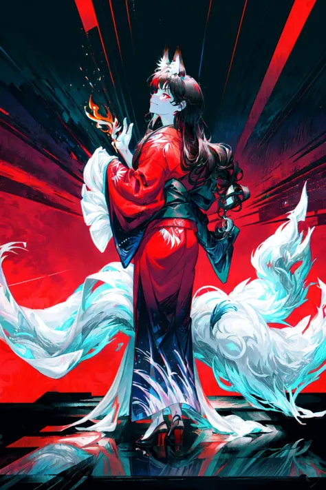 (abstract art:1.3),(psychedelic,futuristic:1.2),masterpiece, highly detailed 8k cg, best cinematic quality, volumetric lighting and shadows,perfect reflection,
(white theme:1.2), (fox theme:1.2),
(white long hair, 1 perfect girl with sexy body,perfect white fox ears,red glowing eyes, glowing body,kimono,1 perfect white fox tail,IncrsTailsFixer,smirk,canine tooth,perfect detail face,perfect detail hands,perfect detail fingers :1.43),
(only use 3 colors,white,black,garnet),
ultra high res, <lora:TailsFixer:0.6> IncrsTailsFixer,<lora:acid_fluid_lora:0.4> <lora:DarkIncursioStyle:0.4>, night, (dark environment) <lora:Gloomifier_V2_TheGlow:0.3> <lora:add_detail:1> <lora:Perfect fingers Lora:0.4>