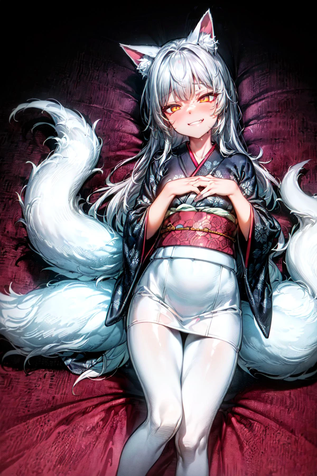 (abstract art:1.3),(psychedelic,futuristic:1.2),masterpiece, highly detailed 8k cg, best cinematic quality, volumetric lighting and shadows,perfect reflection,
(white theme:1.2), (fox theme:1.2),
(white long hair, 1 perfect girl with sexy body,perfect white fox ears,red glowing eyes, glowing body,kimono,1 perfect white fox tail,IncrsTailsFixer,smirk,canine tooth,perfect detail face,perfect detail hands,perfect detail fingers :1.43),
(only use 3 colors,white,black,garnet),
ultra high res, <lora:TailsFixer:0.6> IncrsTailsFixer,<lora:acid_fluid_lora:0.4> <lora:DarkIncursioStyle:0.4>, night, (dark environment) <lora:Gloomifier_V2_TheGlow:0.3> <lora:add_detail:1> <lora:Perfect fingers Lora:0.4>