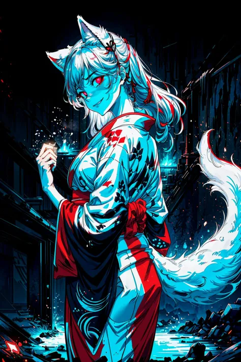 (abstract art:1.3),(psychedelic,futuristic:1.2),masterpiece, highly detailed 8k cg, best cinematic quality, volumetric lighting and shadows,perfect reflection,
(white theme:1.2), (fox theme:1.2),
(white long hair, 1 perfect girl with sexy body,perfect white fox ears,red glowing eyes, glowing body,kimono,1 perfect white fox tail,IncrsTailsFixer,smirk,canine tooth,perfect detail face,perfect detail hands,perfect detail fingers :1.43),
(only use 3 colors,white,black,garnet),
ultra high res, <lora:TailsFixer:0.6> IncrsTailsFixer,<lora:acid_fluid_lora:0.4> <lora:DarkIncursioStyle:0.4>, night, (dark environment) <lora:Gloomifier_V2_TheGlow:0.3> <lora:add_detail:1> <lora:Perfect fingers Lora:0.4>