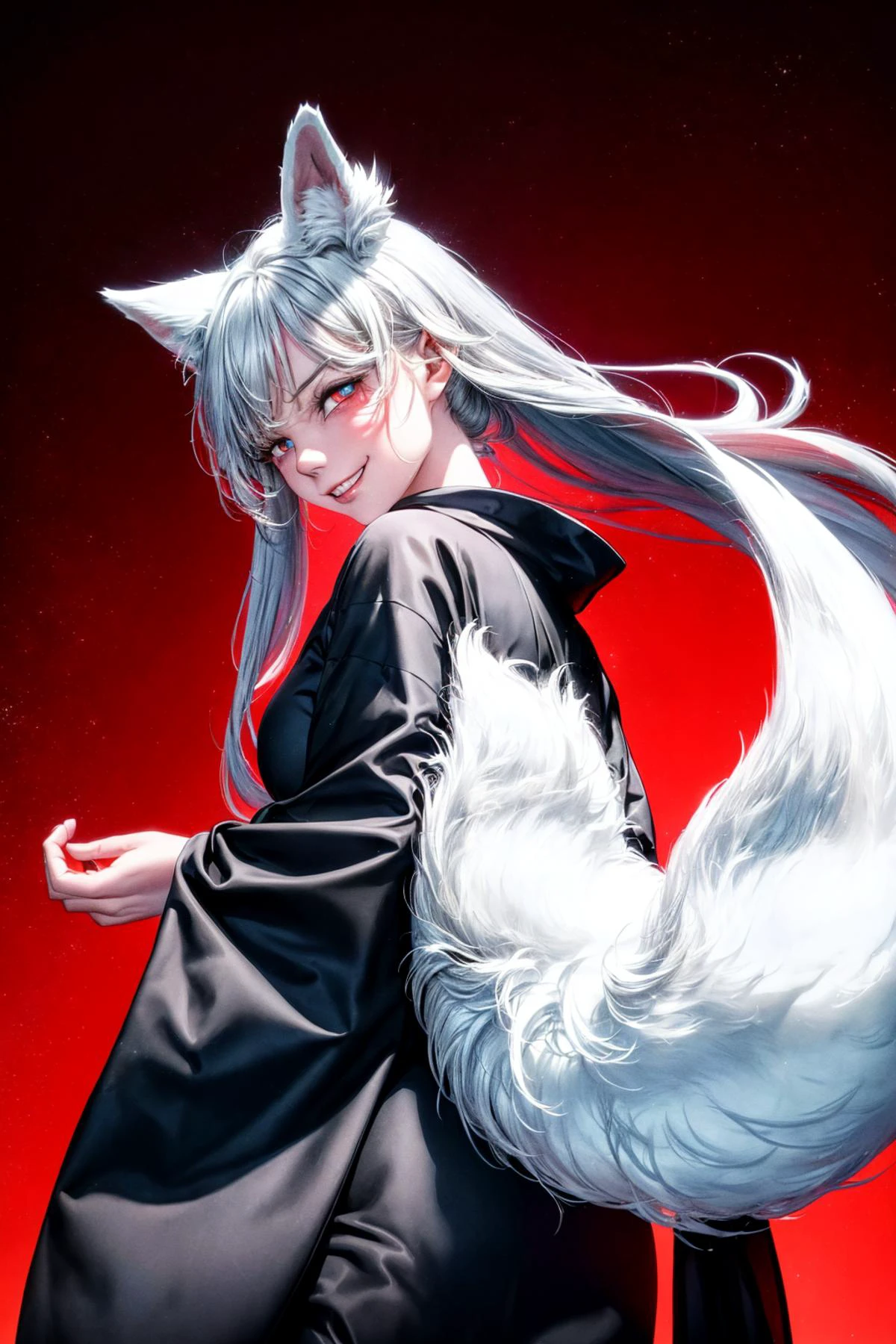 (abstract art:1.3),(psychedelic,futuristic:1.2),masterpiece, highly detailed 8k cg, best cinematic quality, volumetric lighting and shadows,perfect reflection,
(white theme:1.2), (fox theme:1.2),
(white long hair, 1 perfect girl with sexy body,perfect white fox ears,red glowing eyes, glowing body,kimono,1 perfect white fox tail,IncrsTailsFixer,smirk,canine tooth,perfect detail face,perfect detail hands,perfect detail fingers :1.43),
(only use 3 colors,white,black,garnet),
ultra high res, <lora:TailsFixer:0.6> IncrsTailsFixer,<lora:acid_fluid_lora:0.4> <lora:DarkIncursioStyle:0.4>, night, (dark environment) <lora:Gloomifier_V2_TheGlow:0.3> <lora:add_detail:1> <lora:Perfect fingers Lora:0.4>