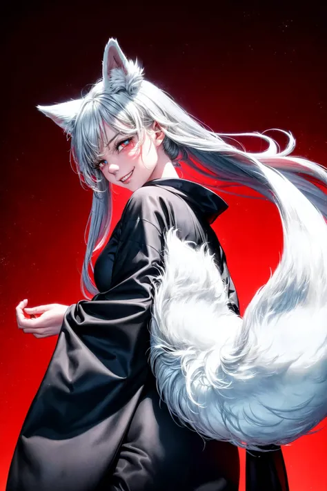 (abstract art:1.3),(psychedelic,futuristic:1.2),masterpiece, highly detailed 8k cg, best cinematic quality, volumetric lighting and shadows,perfect reflection,
(white theme:1.2), (fox theme:1.2),
(white long hair, 1 perfect girl with sexy body,perfect white fox ears,red glowing eyes, glowing body,kimono,1 perfect white fox tail,IncrsTailsFixer,smirk,canine tooth,perfect detail face,perfect detail hands,perfect detail fingers :1.43),
(only use 3 colors,white,black,garnet),
ultra high res,  <lora:TailsFixer:0.6> IncrsTailsFixer,<lora:acid_fluid_lora:0.4> <lora:DarkIncursioStyle:0.4>, night, (dark environment) <lora:Gloomifier_V2_TheGlow:0.3> <lora:add_detail:1> <lora:Perfect fingers Lora:0.4>