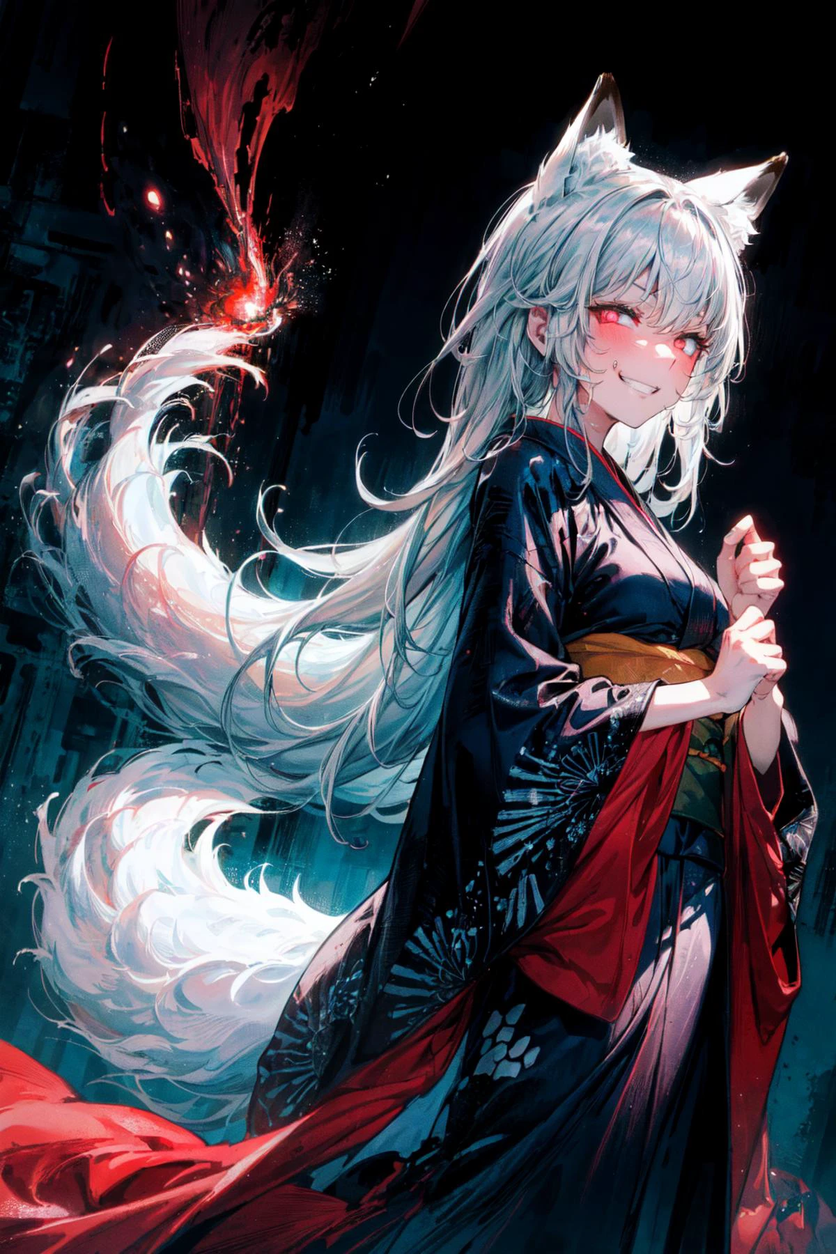 (abstract art:1.3),(psychedelic,futuristic:1.2),masterpiece, highly detailed 8k cg, best cinematic quality, volumetric lighting and shadows,perfect reflection,
(white theme:1.2), (fox theme:1.2),
(white long hair, 1 perfect girl with sexy body,perfect white fox ears,red glowing eyes, glowing body,kimono,1 perfect white fox tail,IncrsTailsFixer,smirk,canine tooth,perfect detail face,perfect detail hands,perfect detail fingers :1.43),
(only use 3 colors,white,black,garnet),
ultra high res, <lora:TailsFixer:0.6> IncrsTailsFixer,<lora:acid_fluid_lora:0.4> <lora:DarkIncursioStyle:0.4>, night, (dark environment) <lora:Gloomifier_V2_TheGlow:0.3> <lora:add_detail:1> <lora:Perfect fingers Lora:0.4>