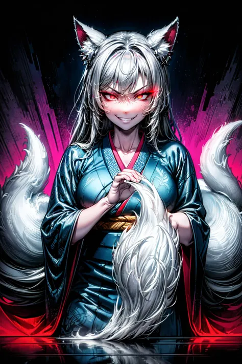 (abstract art:1.3),(psychedelic,futuristic:1.2),masterpiece, highly detailed 8k cg, best cinematic quality, volumetric lighting and shadows,perfect reflection,
(white theme:1.2), (fox theme:1.2),
(white long hair, 1 perfect girl with sexy body,perfect white fox ears,red glowing eyes, glowing body,kimono,1 perfect white fox tail,IncrsTailsFixer,smirk,canine tooth,perfect detail face,perfect detail hands,perfect detail fingers :1.43),
(only use 3 colors,white,black,garnet),
ultra high res, <lora:TailsFixer:0.6> IncrsTailsFixer,<lora:acid_fluid_lora:0.4> <lora:DarkIncursioStyle:0.4>, night, (dark environment) <lora:Gloomifier_V2_TheGlow:0.3> <lora:add_detail:1> <lora:Perfect fingers Lora:0.4>