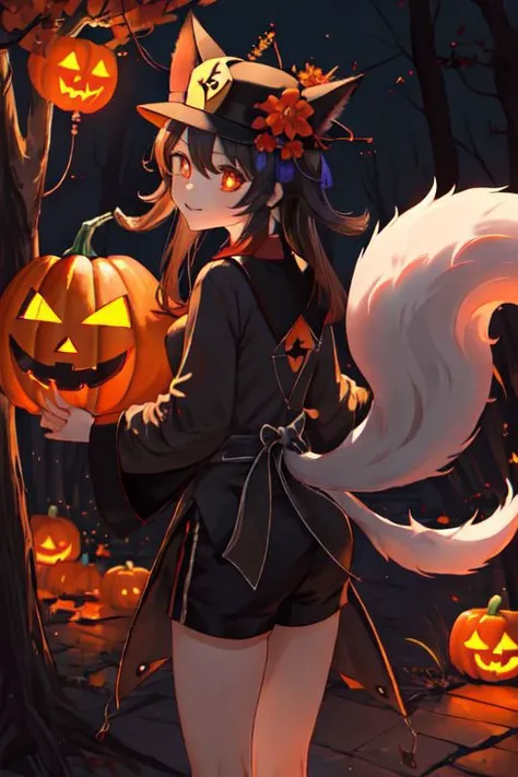 hutaodef, with her fiery personality, in a spooky kitsune costume, complete with a devilish tail, IncrsTailsFixer, (kitsunemimi:1.2), ((black) fox tail:1.4), fox ears, (tail on back:1.2), from behind, holds Pumpkin Candy Jar, Candy and treats, scene illuminated by soft glow of jack-o'-lanterns, eerie shadows, One leg lifted, Halloween style, little ghost, Fire lanterns, (Inclined forward:1.3),