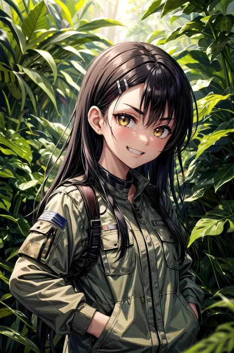 (masterpiece, best quality, detailed), 1girl, solo, looking at viewer, nagatoro hayase, yellow eyes, long hair,black hair, dark-skinned female, hairpin,
<lora:camouflage_uniform04:0.5>, wearing camouflage_uniform, jungle, nature, vines, moss, fern, tropical, dappled sunlight, dirty, hands in pockets, grin, v-shaped eyebrows, evil smile