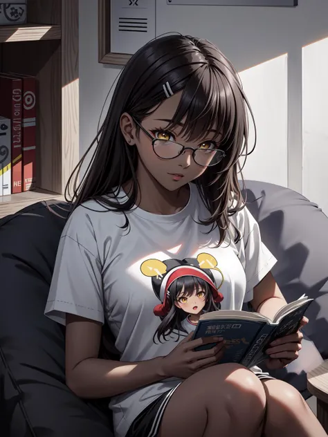 (masterpiece:1.2, best quality:1.1, highres,absurdres, high quality),(photorealistic:1.1),reflected light, colorful,ultra-detailed, ultra hd, super detailed,
nagatoro hayase,yellow eyes, long hair,black hair, dark-skinned ,hairpin,dark skin, tan, glasses, dolphin shorts, t-shirt, ,holding book,sitting on bean bag chair, reading,
<lora:nagatoro_hayase:0.8> <lora:Dskin_v1.0:0.4> <lora:LowRA:0.3>