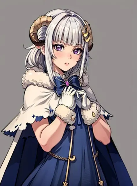 best quality, (masterpiece),(ultra-detailed), (high quality), (high resolution),<lora:add_detail:0.7> , <lora:Aurora:0.7>,1girl, aurora atria, bangs, bare arms, blue dress, bow, crescent, crescent hair ornament, curled horns, dress,  fur trim, grey hair, hair ornament, horns,  purple eyes, sheep horns, simple background, upper body, white gloves,cape, star hair ornament,
