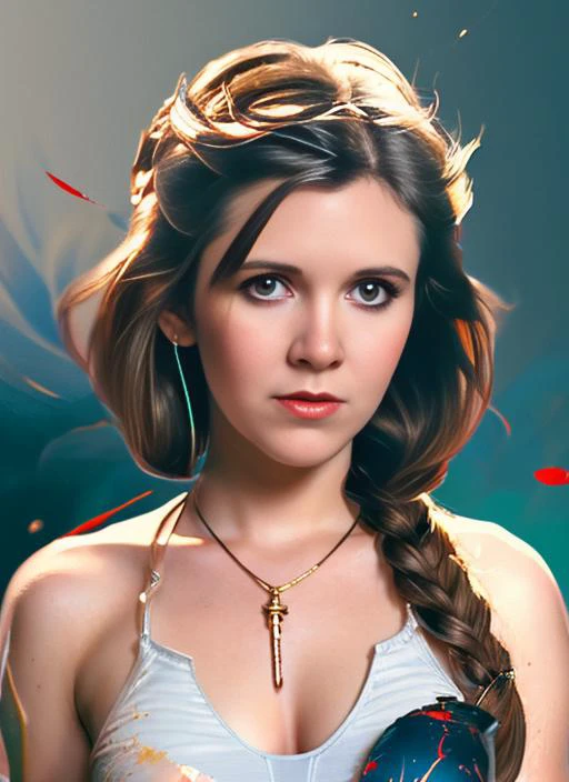 arcane style award winning half body portrait of buxom 18yo carrie fisher_v1, with ombre dark medium hair, beautiful face, floating embers, zero-gravity fireflies, paint splashes, splatter, outrun, vaporware, cell shaded:1.0, (octane render:1), trending on artstation, highly detailed, fine detail, intricate, <lora:carrieFisherLora_v1:0.5><lora:vividWatercolorsLora_10:1>