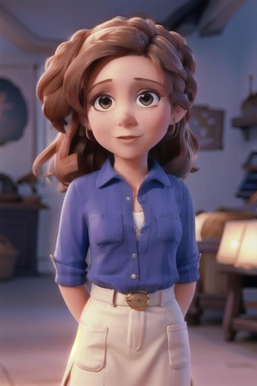 A woman in a blue shirt and white skirt standing in a room - SeaArt AI