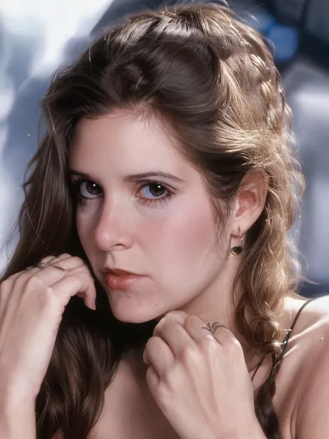 shot of 18 year old Carrie Fisher, long wavy hair, detailed background, intricate, 4k, sharp focus, high resolution, detailed skin, detailed eyes, 8k uhd, dslr, low harsh lighting, high quality, film grain, Fujifilm XT3, <lora:Carrie Fisher_v1:1> PA7_Portrait-MCU