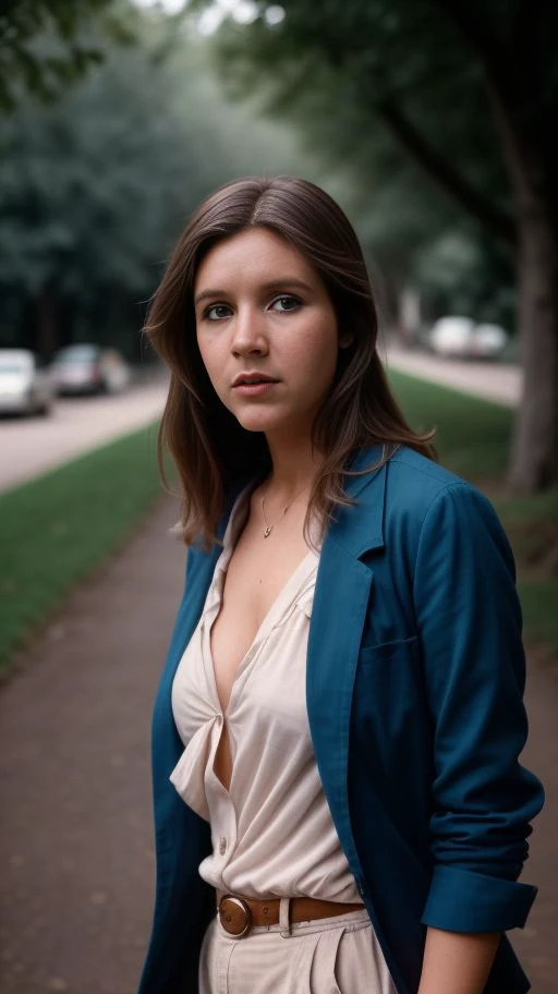 shot of 18 year old carrie fisher_v1 ((braless)) walking down a street, (1970s) extremely high quality RAW photograph, detailed background, intricate, Exquisite details and textures, highly detailed, ultra detailed photograph, warm lighting, artstation, 4k, sharp focus, high resolution, detailed skin, detailed eyes, 8k uhd, dslr, low harsh lighting, high quality, film grain, Fujifilm XT3, <lora:carrieFisherLora_v1:0.7>