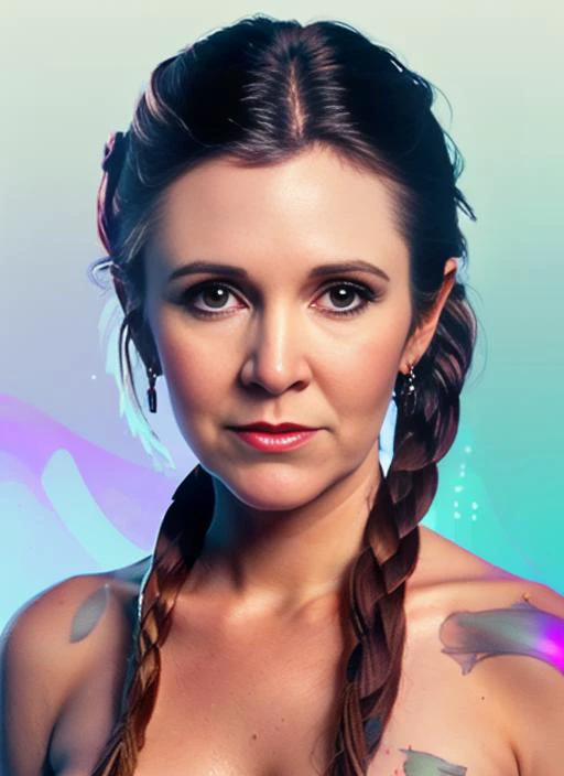 arcane style award winning half body portrait of buxom carrie fisher_v1, with ombre dark medium hair, beautiful face, floating embers, zero-gravity fireflies, paint splashes, splatter, outrun, vaporware, cell shaded:1.0, (octane render:1), trending on artstation, highly detailed, fine detail, intricate, <lora:carrieFisherLora_v1:0.5><lora:vividWatercolorsLora_10:1>