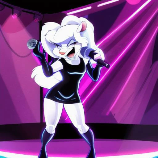 Minerva Mink (Animaniacs), <lora:Idol-16:1>, Idl, microphone, holding microphone, singing, stage, neon lights, best quality, masterpiece, highres