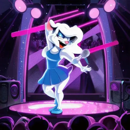 Minerva Mink (Animaniacs), <lora:Idol-16:1>, Idl, microphone, holding microphone, singing, stage, neon lights, best quality, masterpiece, highres