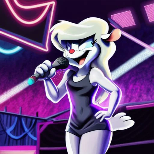 Minerva Mink (Animaniacs), <lora:Idol-16:1>, Idl, microphone, holding microphone, singing, stage, neon lights, best quality, masterpiece, highres