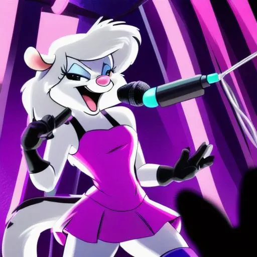 Minerva Mink (Animaniacs), <lora:Idol-16:1>, Idl, microphone, holding microphone, singing, stage, neon lights, best quality, masterpiece, highres