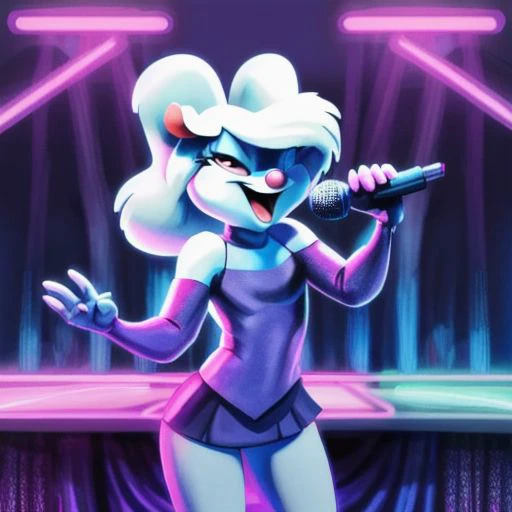 Minerva Mink (Animaniacs), <lora:Idol-16:1>, Idl, microphone, holding microphone, singing, stage, neon lights, best quality, masterpiece, highres