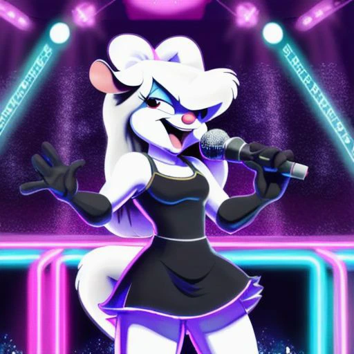 Minerva Mink (Animaniacs), <lora:Idol-16:1>, Idl, microphone, holding microphone, singing, stage, neon lights, best quality, masterpiece, highres