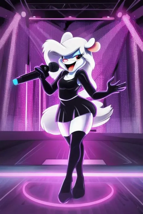 Minerva Mink (Animaniacs), <lora:Idol-16:1>, Idl, microphone, holding microphone, singing, stage, neon lights, best quality, masterpiece, highres