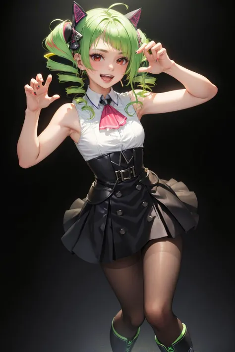 masterpiece, best quality, delutaya, twin drills, fake animal ears, ascot, sleeveless, white shirt, pleated skirt, pantyhose, black boots, simple background, claw pose, happy, smile, fangs, open mouth <lora:delutaya-nvwls-v1-000012:0.9>