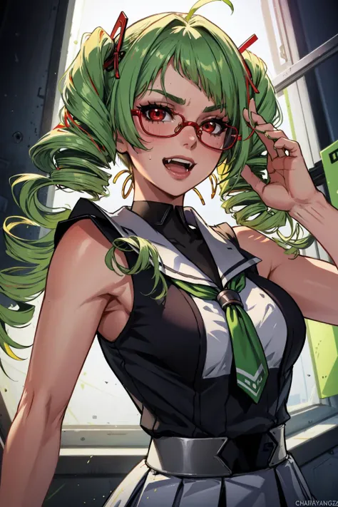 masterpiece, best quality, delutaya, twin drills, red glasses, serafuku, white skirt, looking at viewer, upper body, smile, open mouth, smug, fangs, fcHeatPortrait <lora:delutaya-nvwls-v1-000012:0.9>