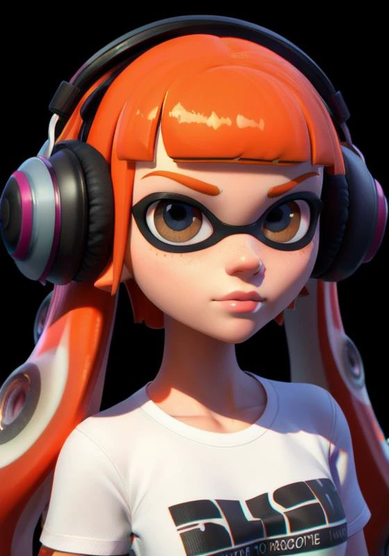 masterpiece, best quality, 3d, 
1girl, solo, female focus, portrait, looking at viewer, expressionless, 
splatoon 1, inkling girl, 
<lora:Inkling_Girl_SPLAT1-10:0.6> inkgirl1, orange hair, long hair, bangs, tentacle hair, 
shirt, t-shirt, headphones, 
paint splatter background, black background,