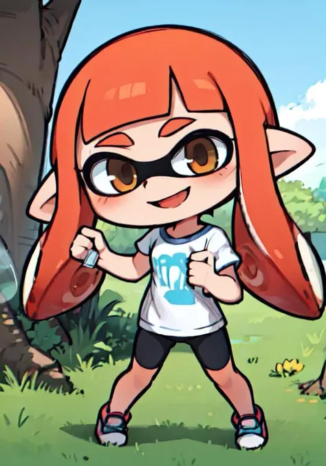 masterpiece, best quality,
1girl, solo, female focus, smile,
splatoon 1, inkling girl,
<lora:Inkling_Girl_SPLAT1-10:0.6> inkgirl1, shirt, bike shorts, t-shirt, sneakers
pond, blue sky, tree, on grass,