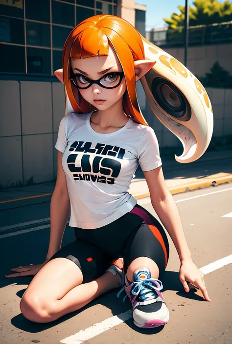 (masterpiece, best quality), 1girl,  <lora:Inkling_Girl_SPLAT1:0.8> inkgirl1, splatoon 1, inkling girl, shirt, bike shorts, t-shirt, sneakers