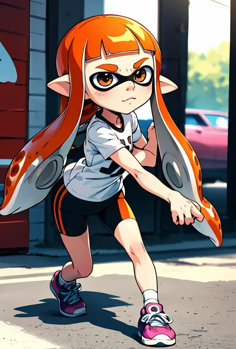 (masterpiece, best quality), 1girl, <lora:Inkling_Girl_SPLAT1:0.8> inkgirl1, splatoon 1, inkling girl, shirt, bike shorts, t-shirt, sneakers