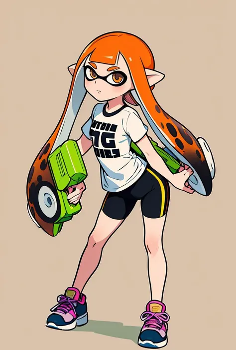 (masterpiece, best quality), 1girl, <lora:Inkling_Girl_SPLAT1:0.8> inkgirl1, splatoon 1, inkling girl, shirt, bike shorts, t-shirt, sneakers