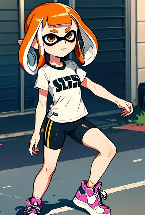 (masterpiece, best quality), 1girl,  <lora:Inkling_Girl_SPLAT1:0.8> inkgirl1, splatoon 1, inkling girl, shirt, bike shorts, t-shirt, sneakers