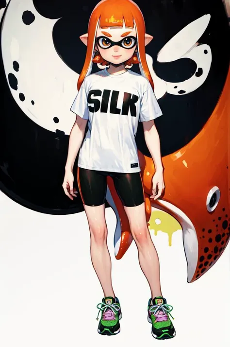 solo, smile, <lora:Inkling_Girl_SPLAT1:0.65> inkgirl1, splatoon 1, inkling girl, shirt, bike shorts, t-shirt, sneakers, <lora:ponsuke:1>, absurdres, ultra detailed, masterpiece, best quality, aesthetic, detailed,