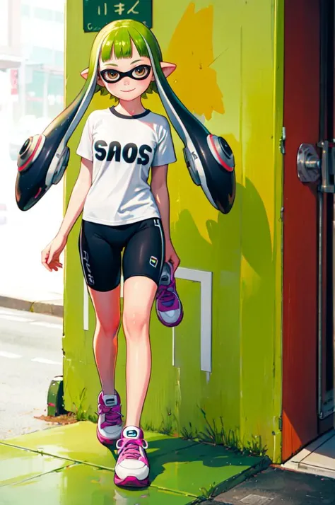 solo, smile, <lora:Inkling_Girl_SPLAT1:0.65> inkgirl1, splatoon 1, inkling girl, shirt, bike shorts, t-shirt, sneakers, <lora:Range_murata_style_v02:0.8>, absurdres, ultra detailed, masterpiece, best quality, aesthetic, detailed,