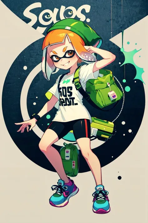 solo, smile, <lora:Inkling_Girl_SPLAT1:0.65> inkgirl1, splatoon 1, inkling girl, shirt, bike shorts, t-shirt, sneakers, <lora:mikeinel:0.9> mikeinel,, absurdres, ultra detailed, masterpiece, best quality, aesthetic, detailed,