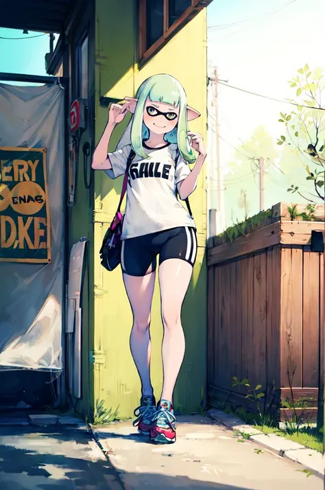 solo, smile,  <lora:Inkling_Girl_SPLAT1:0.65> inkgirl1, splatoon 1, inkling girl, shirt, bike shorts, t-shirt, sneakers,  <lora:Yoshida_Akihiko_style_v01:1>, absurdres, ultra detailed, masterpiece, best quality, aesthetic, detailed,