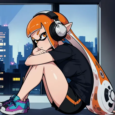 masterpiece, best quality, adult female,
1girl, solo, female focus,
splatoon 1, orange inkling girl, medium breasts,
<lora:Inkling_Girl_SPLAT1-10:0.7> inkgirl1, headphones,
indoors, city lights, cityscape, sitting, from side, looking afar, night, windowsill, head rest, knees up, panorama, against wall, sneakers, black shorts, black shirt,