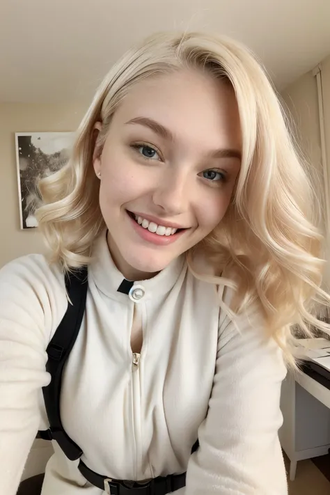 (high angle, closeup on face:1.2) photo of <lora:JadeLloyd_v1:1> JadeLloyd with a huge goofy grin and platinum blonde hair, she is wearing monkey costume , she is wearing button badge, her hair is styled as voluminous curls, BREAK she is (in the study:1.1), soft diffused lighting, shot on Canon EOS 5D, smooth background bokeh, 8mm fisheye lens ,prominent film grain ,soft focus,
