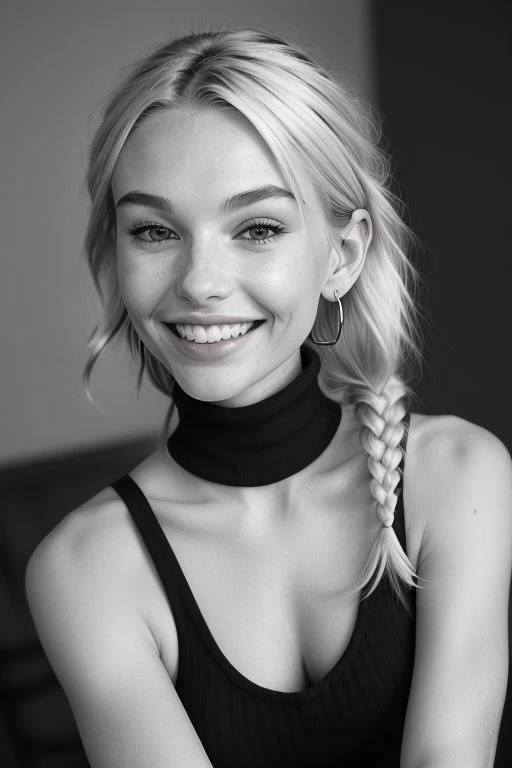 (low angle, headshot:1.2) photo of <lora:JadeLloyd_v1:0.9> JadeLloyd with platinum blonde hair and a big goofy grin,
she is wearing sleeveless turtleneck
,
she is wearing hoop earrings,
her hair is styled as side fishtail braid hair,
BREAK she is (catching a frog:1.1),
cinematic lighting,
shot on Lumix GH5, dynamic range,cinematic bokeh
,(Ilford HP5 Plus:1.6)
,solarized,50mm
,