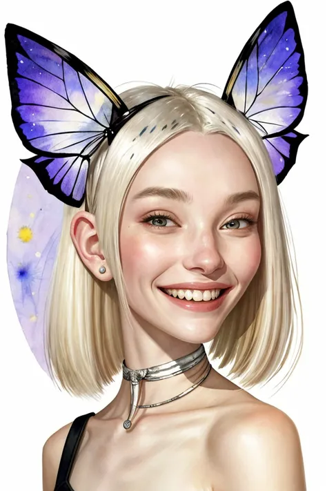 an extremely detailed, intricate watercolor painting of <lora:JadeLloyd_v1:0.9> JadeLloyd with platinum blonde hair and a big goofy grin with ant antenna on her head, she has multifaceted eyes, she has insect wings for ears