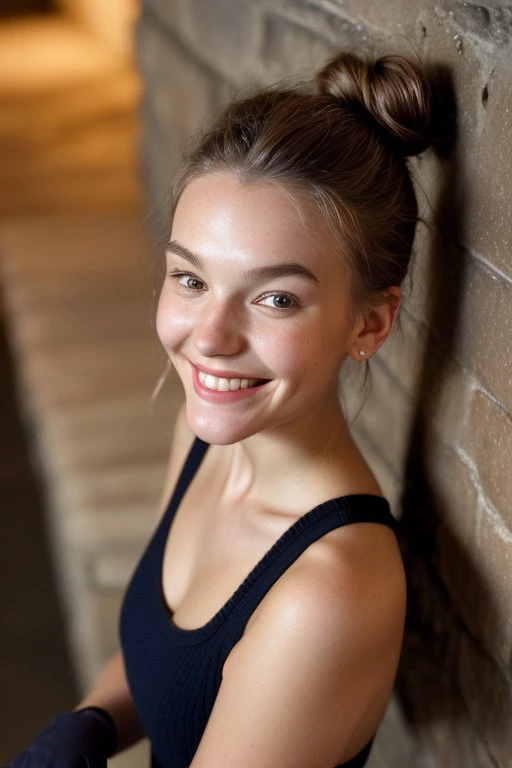 (from above, closeup on face:1.2) photo of <lora:JadeLloyd_v1:0.9> JadeLloyd ,
smiling,
she is wearing happi,
she is wearing gloves,
her hair is styled as curly bun,
BREAK she is (in the cellar:1.1),
bright neon lighting,
50mm
,prominent film grain
,bokeh,shot on Polaroid SX-70
,
