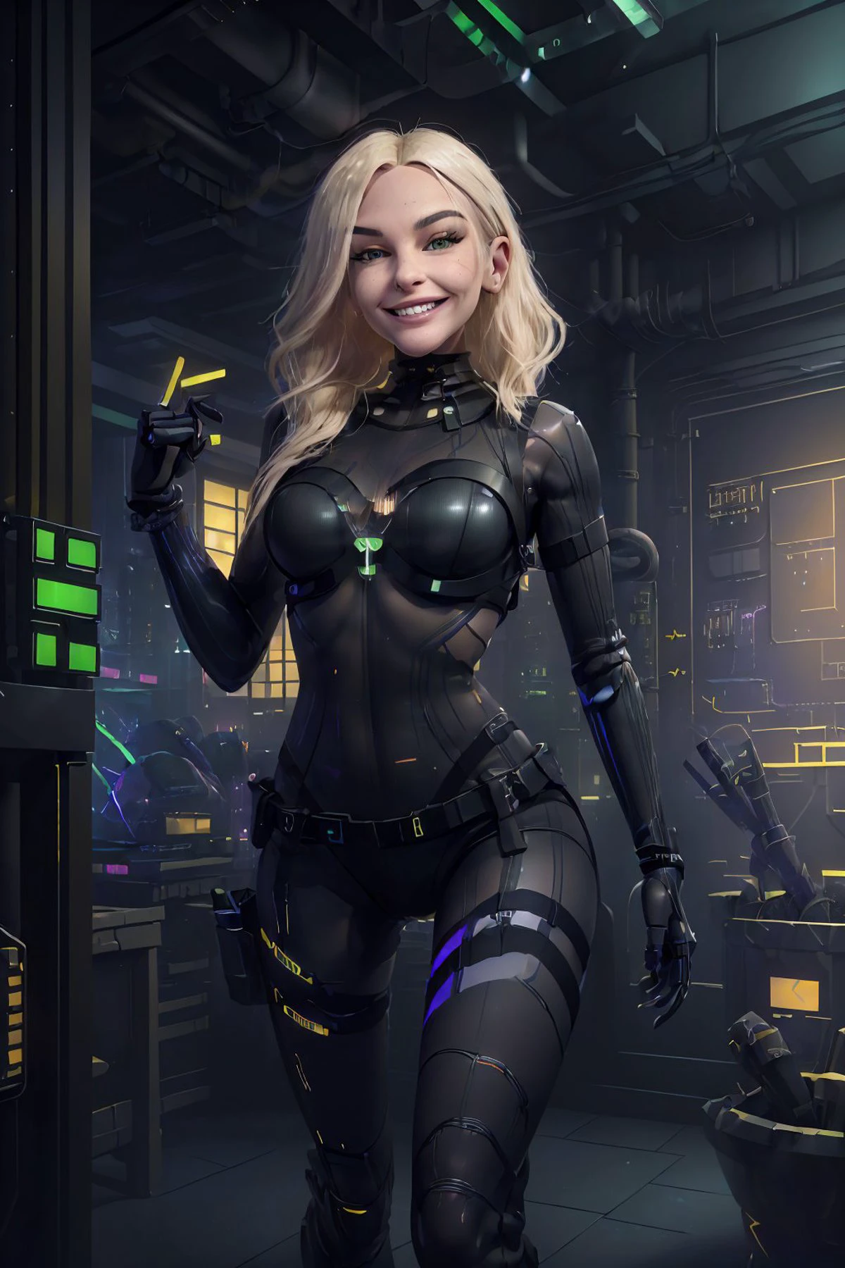 <lora:JadeLloyd_v1:0.9> JadeLloyd with platinum blonde hair and a big goofy grin, looking at viewer, solo, (full body:0.6), detailed background, detailed face, (<lora:ConstructionyardAIV3:0.6>, constructionyardai theme:1.1) evil high-tech futuristic hacker, smirk, advanced technology, techwear, cables, (holographic display:1.05), encrypted symbols, computer, cybersecurity, server room in background, green lights, stealth, dark sinister atmosphere,