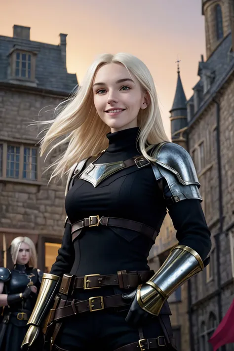 realistic photo of <lora:JadeLloyd_v1:0.9> JadeLloyd with platinum blonde hair and smiling, solo, half shot, looking away, detailed background, detailed face, ( (DarkFantasy:0.8), dark fantasy theme:1.1), defender, guarding, stoic, shield, 75%brass armor, gauntlets, emblem, Shocking pink banner, town square in background, sunset, medieval atmosphere,