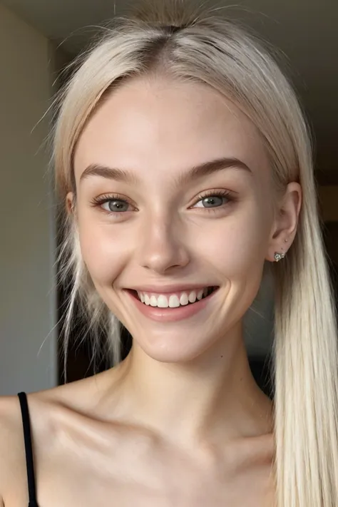 , photo of <lora:JadeLloyd_v1:0.9> JadeLloyd with platinum blonde hair and smiling, focus on eyes, close up on face, wearing jewelry, mauve taupe color hair styled teased ponytail,