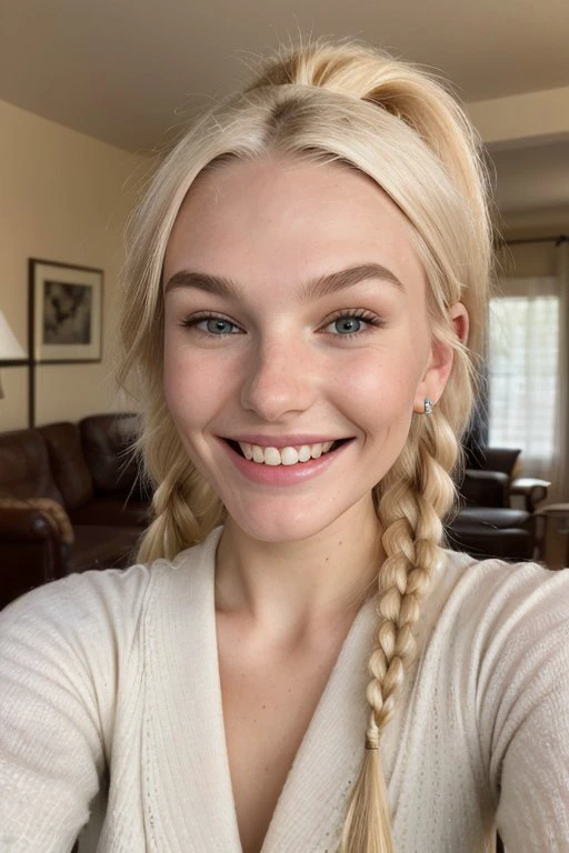(from below, closeup on face:1.2) photo of <lora:JadeLloyd_v1:0.9> JadeLloyd with platinum blonde hair and a big goofy grin,
smiling,
she is wearing cowboy western
,
she is wearing piercing,
her hair is styled as Straight Braided Ponytail,
BREAK she is (in the living room:1.1),
high key brightly lit,
Agfa Vista
,shot on Sony A7III
,