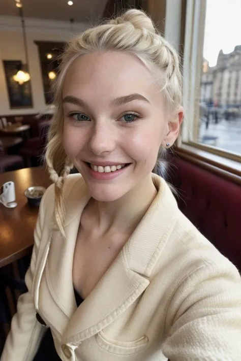 (high angle, closeup on face:1.2) photo of <lora:JadeLloyd_v1:0.9> JadeLloyd with platinum blonde hair and a big goofy grin,
she is wearing  tailcoat
  ,
she is wearing hairpin,
her hair is styled as Straight Ballerina Bun with Braids,
BREAK she is (sitting in a cafe:1.1),
chiaroscuro,
8mm fisheye lens
  ,Kodak Vision3
  ,