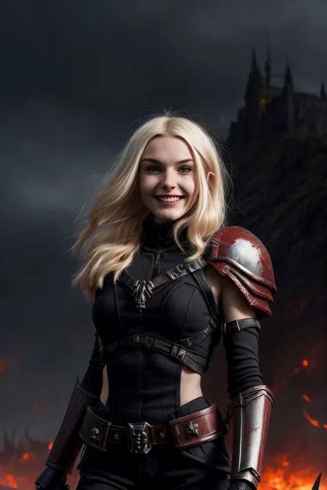 <lora:JadeLloyd_v1:0.9> JadeLloyd with platinum blonde hair and a big goofy grin, portrait, solo, upper body, detailed background, detailed face, (warhammer 40k theme:1.1), (glowing eyes:1.05), angry expression, dark warrior, betrayer, red clothes, plated armor, floating particles, embers, bats in background, desolate landscape in background, misty dark sinister atmosphere,